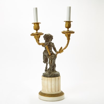 Lot 110 - Louis XVI Style Patinated Bronze and White Marble Candelabra