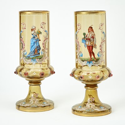 Lot 124 - Pair of Continental Enameled Glass and Gilt-Metal Vases
