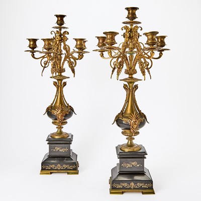 Lot 192 - Pair of Patinated Bronze and Marble Six-Light Candelabra
