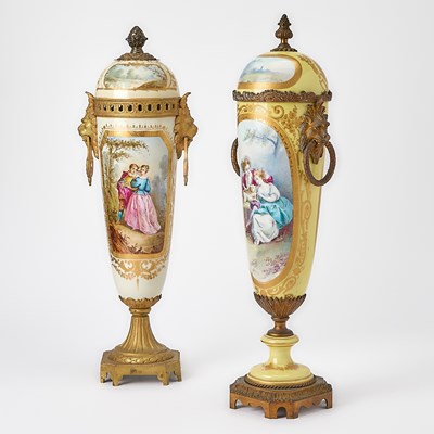 Lot 196 - Two Sèvres Style Gilt-Metal-Mounted Porcelain Covered Urns