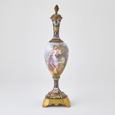 Lot 170 - Sèvres Style Porcelain and Champlevé Enamel Vase and Cover