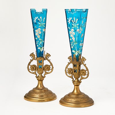 Lot 263 - Pair of Victorian Enameled Blue Glass Vases