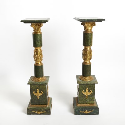 Lot 614 - Pair of Empire Style Gilt-Metal Mounted Green Marble Pedestals
