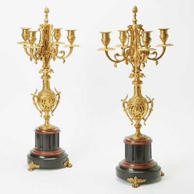 Lot 203 - Pair of Louis XVI Style Gilt-Bronze and Marble Four-Light Candelabra