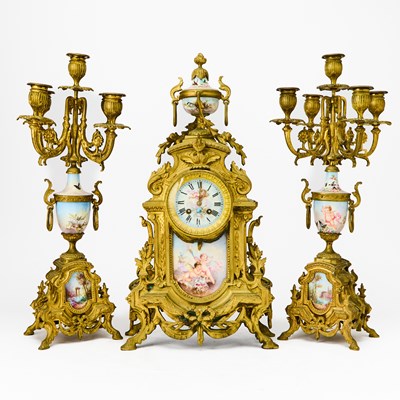 Lot 619 - Louis XVI Style Gilt-Bronze and Porcelain Three-Piece Clock Garniture