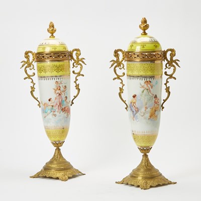 Lot 198 - Pair of Sevres Style Gilt-Metal Mounted Porcelain Vases