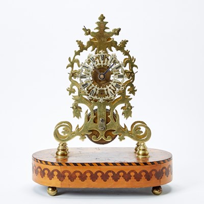Lot 284 - English Brass and Inlaid Wood Skeleton Clock