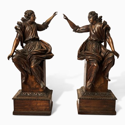 Lot 680 - Pair of Dutch Baroque Carved Oak Figures of Seated Angels