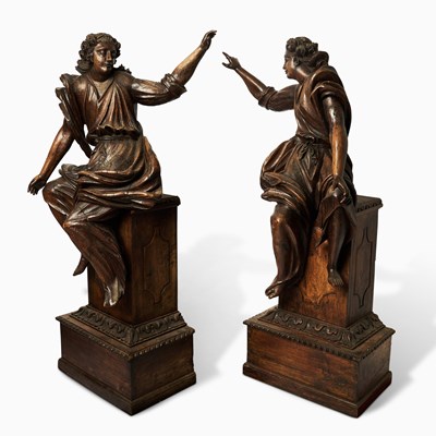 Lot 680 - Pair of Dutch Baroque Carved Oak Figures of Seated Angels