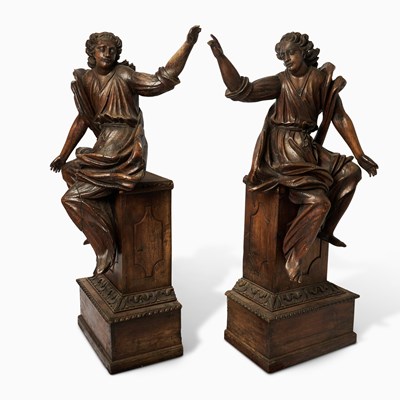 Lot 680 - Pair of Dutch Baroque Carved Oak Figures of Seated Angels