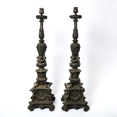 Lot Pair of Large Italian Renaissance Style Patinated Bronze Candlesticks
