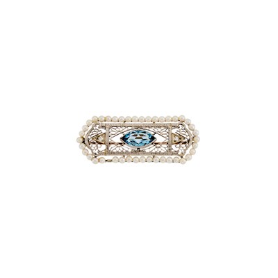 Lot 2112 - Platinum, Gold, Aquamarine, Seed Pearl and Diamond Pin
