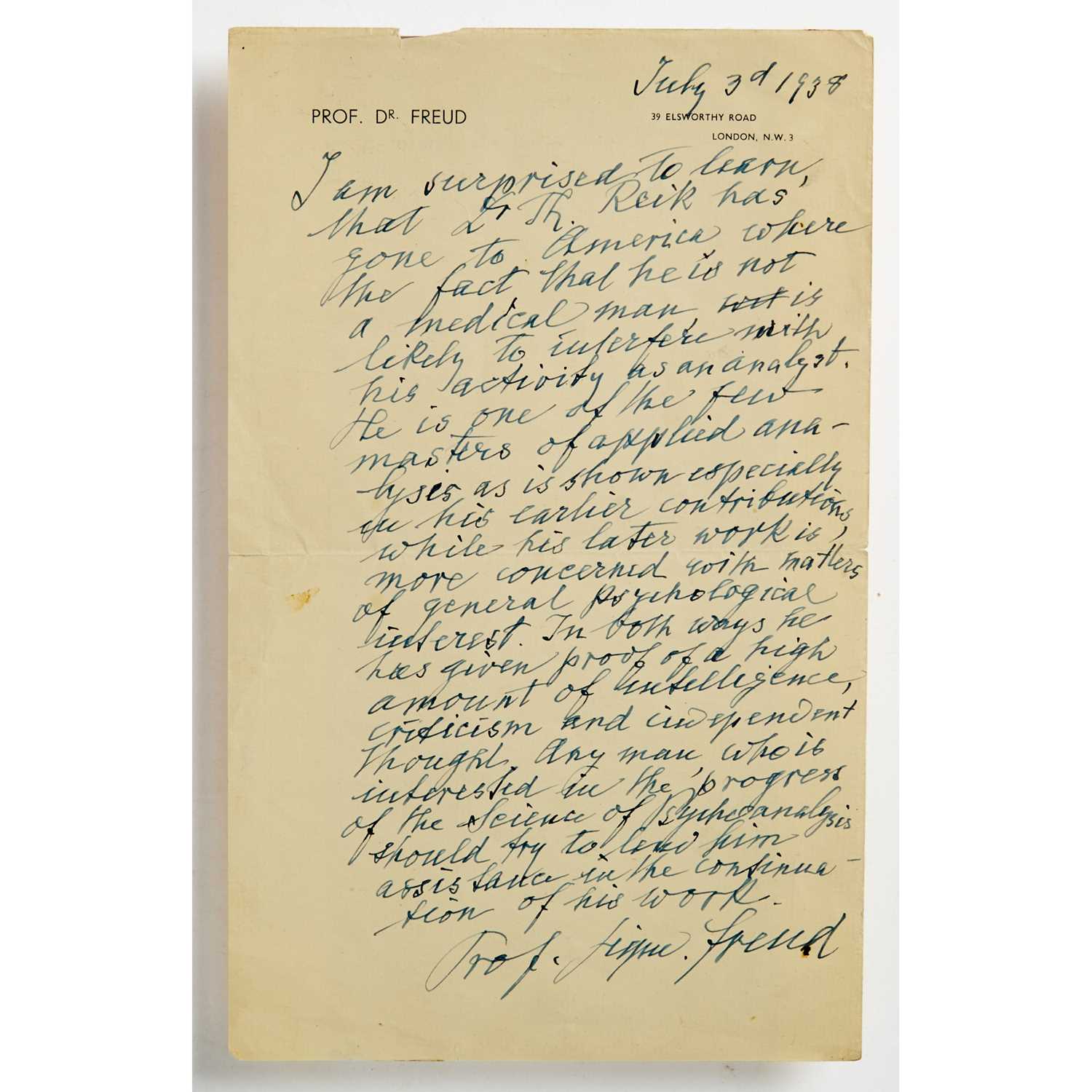 Lot 101 - An important Freud document recommending the work of his protege Theodor Reik