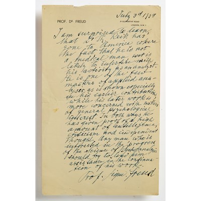 Lot An important Freud document recommending the work of his protege Theodor Reik