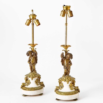 Lot 562 - Pair of Louis XV Style Patinated Metal and Marble Figural Table Lamps