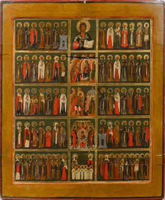 Lot 1015 - Russian Icon of Selected Patron Saints Flanking the Images of Christ Pantocrator, the Adoration of the Magi, Archangel Michael, the Archangels