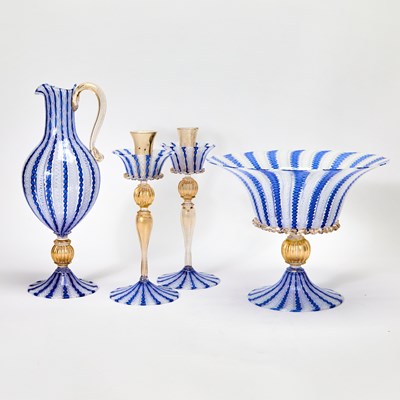Lot 903 - Murano Blown Blue and White Latticino Filigree Glass Partial Table Service