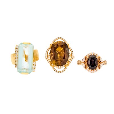 Lot 2239 - Rose Gold, Purple Spinel and Diamond Ring, Gold, Aquamarine and Diamond Ring and Gold, Andalusite and Diamond Ring