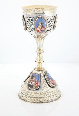 Lot 253 - Russian Paste-Set, Enamel-Mounted Parcel-Gilt Silver Chalice