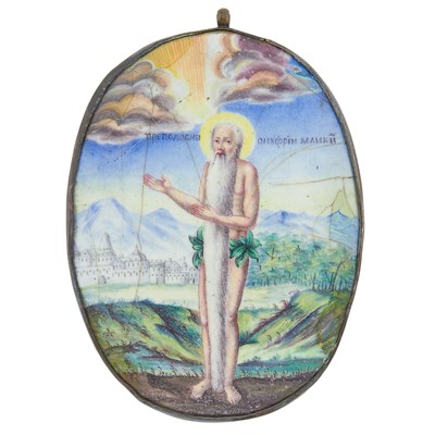 Lot 251 - Russian Silver-Mounted Enamel Icon of Venerable Onuphrius of Egypt