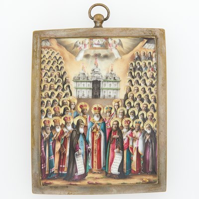 Lot 250 - Russian Enamel Icon of the Assembly of the Fathers of the Kiev Pechersk Lavra