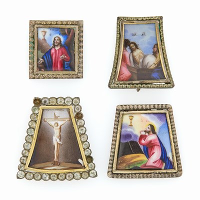 Lot 1023 - Group of Four Russian Metal-Mounted Enamel Icons of Christ