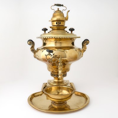 Lot 285 - Russian Brass Samovar, Tray, Bowl and Teapot