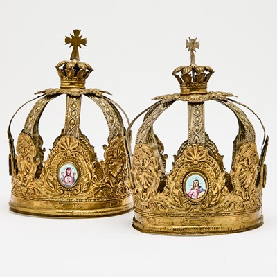 Lot 1046 - Pair of Russian Enamel-Mounted Brass Nuptial Crowns