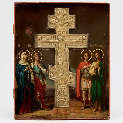 Lot 1027 - Russian Painted Wood Icon of the Crucifixion