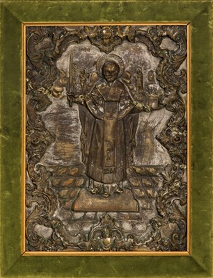 Lot 1038 - Russian Silver Plated Icon of St. Nicholas of Mozhaisk