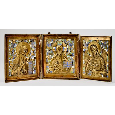 Lot 1048 - Russian Enameled Brass Triptych Icon of the Deesis