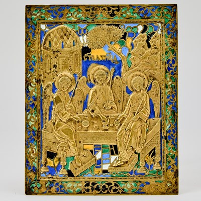 Lot 1053 - Russian Enameled Brass Icon of the Holy Trinity