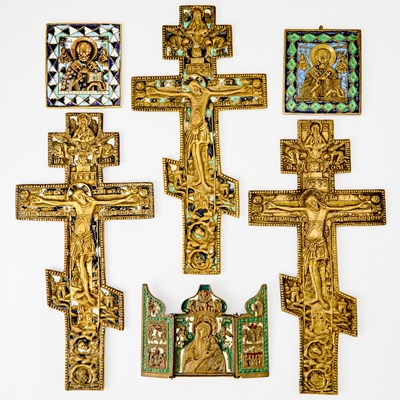 Lot 1052 - Group of Russian Enameled Brass Orthodox Artifacts