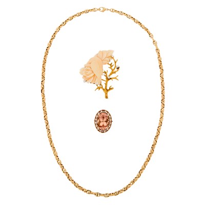 Lot 2233 - Gold, Carved Angel Skin Coral and Diamond Brooch, Rose Gold, Morganite and Diamond Ring and Gold Chain
