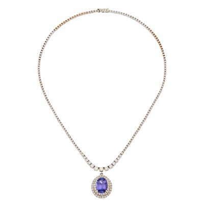 Lot 2106 - White Gold, Tanzanite and Diamond Pendant-Necklace