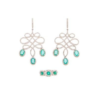 Lot 2145 - Pair of White Gold, Emerald, Green Beryl, Diamond and Lab Grown Diamond Earrings and Ring