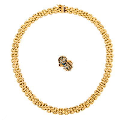 Lot 2255 - Gold and Blue Topaz Bypass Ring and Gold Link Necklace