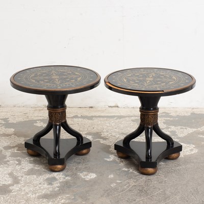 Lot 6 - Pair of Black and Gold Painted Glass Top Pedestal Tables