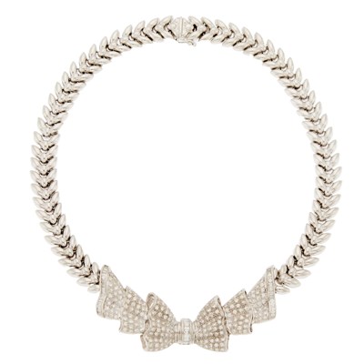 Lot 2111 - White Gold and Diamond Bow Necklace