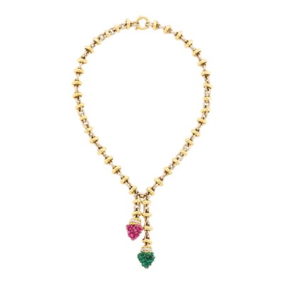 Lot 60 - Giovane Two-Color Gold, Diamond, Ruby and Emerald Bead Pendant-Necklace