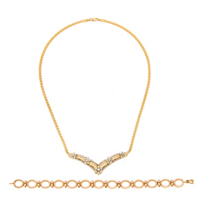 Lot 2230 - Gold and Diamond Necklace and Rose Gold and Diamond Bracelet