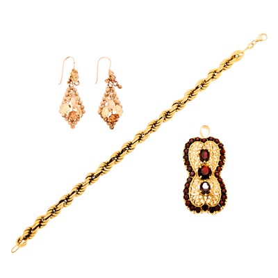 Lot 2220 - Gold and Garnet Pendant-Brooch, Gold Bracelet and Pair of Two-Color Gold Pendant-Earrings