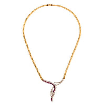 Lot 2207 - Two-Color Gold, Ruby and Diamond Necklace