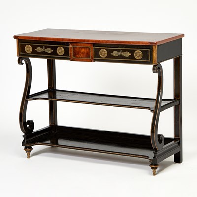 Lot 129 - Black Lacquer and Mahogany Three-Tier Table