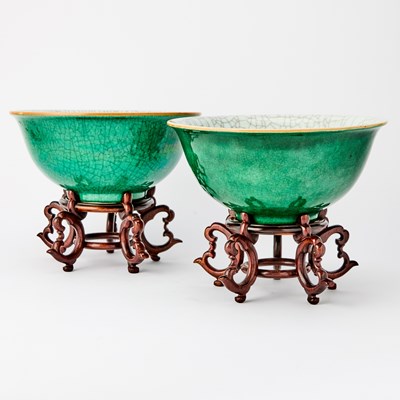 Lot 513 - A Pair of Chinese Crackle Glaze Green Porcelain Bowls