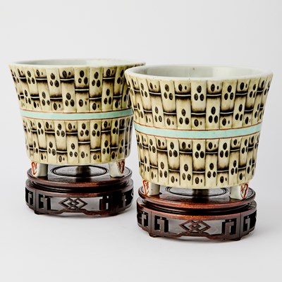 Lot 252 - A Pair of Chinese Faux Bamboo Enameled Porcelain Planters