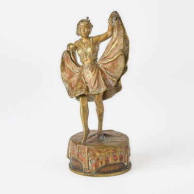 Lot 214 - Vienna Art Deco Gilt and Cold-Painted Bronze Metamorphic Figure of a Woman Entitled "Windy Day"