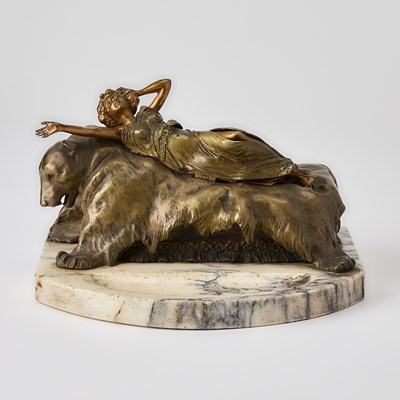 Lot 205 - Carl Kauba Vienna Patinated Bronze and Marble Mechanical Erotic Group "Bare on Bear" Vide Poche