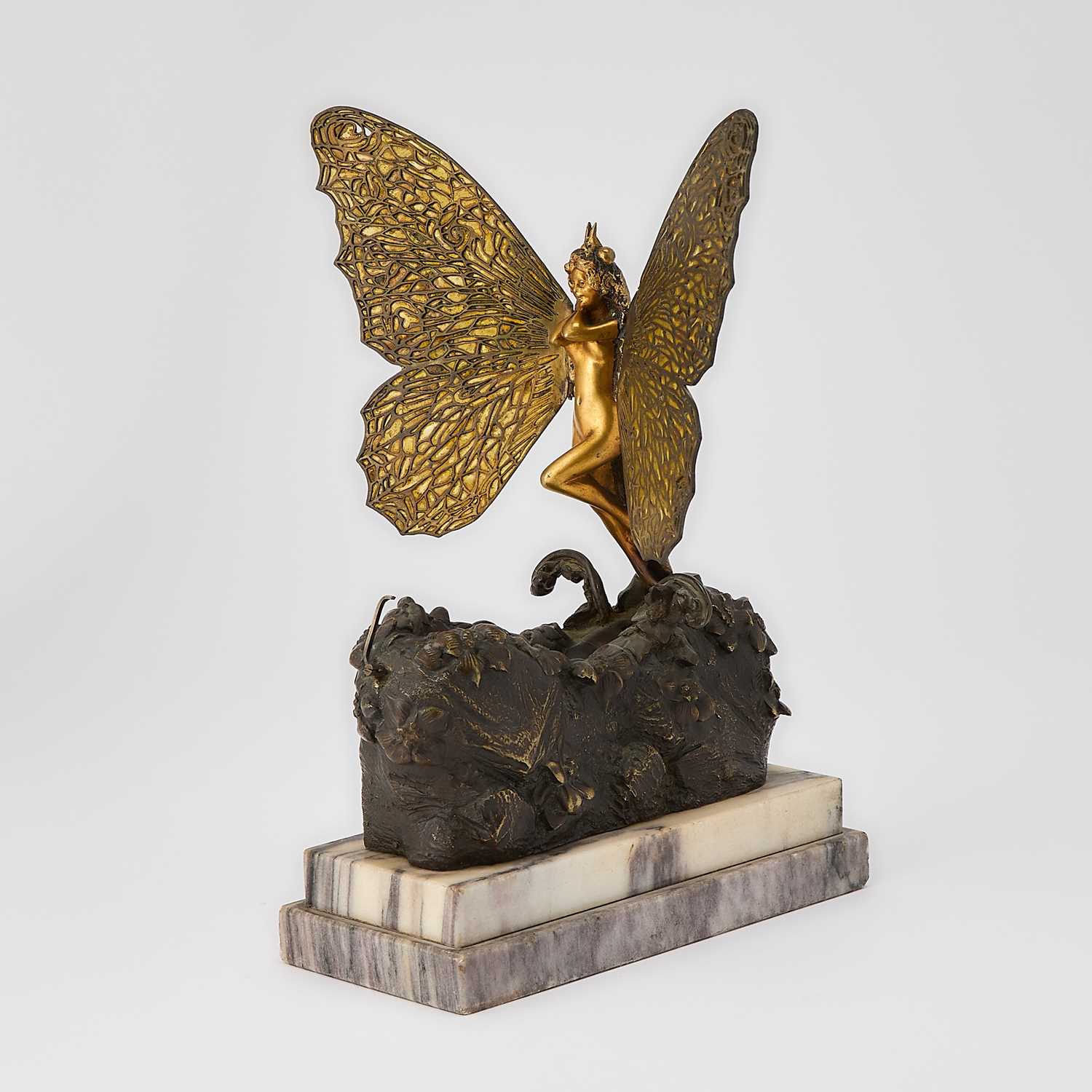Lot 232 - Carl Kauba Vienna Gilt and Patinated Bronze and Plique-à-Jour Enamel Mechanical "Butterfly" Maiden
