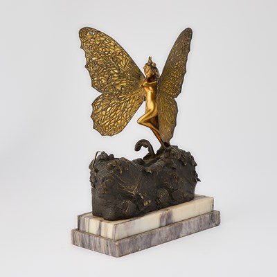 Lot 232 - Carl Kauba Vienna Gilt and Patinated Bronze and Plique-à-Jour Enamel Mechanical "Butterfly" Maiden